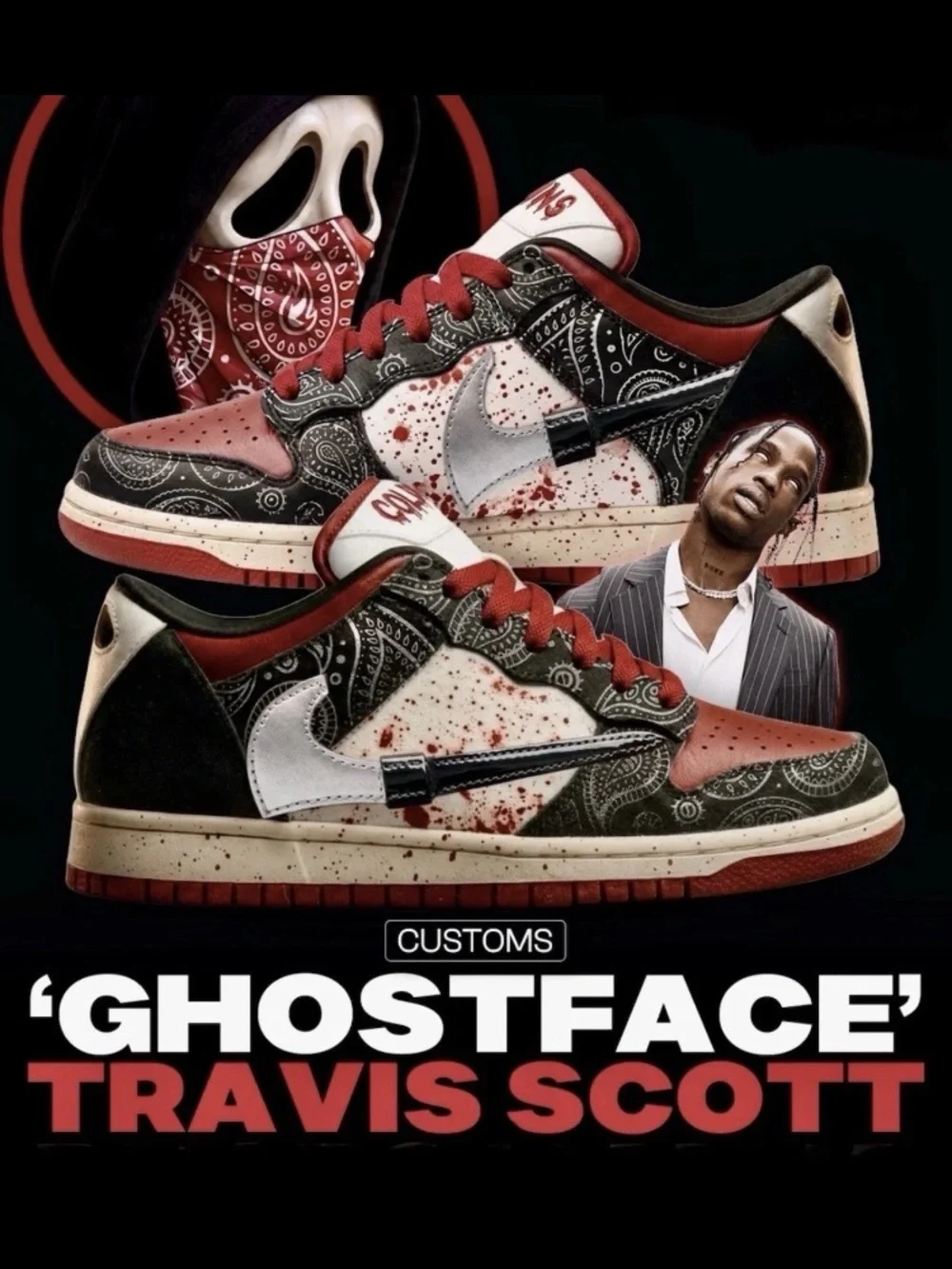 Ghostface x Travis Scott Inspired Men's Low-Top Sneakers - Red/Black/White